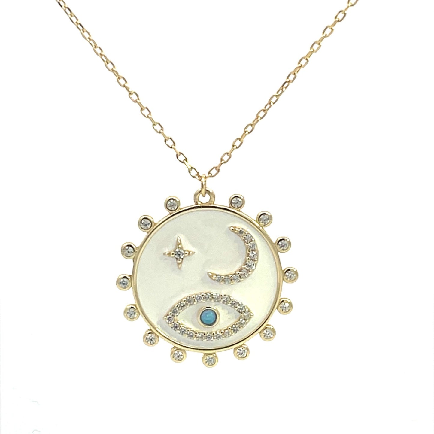Kenzy Mii - 925 Sterling Silver White Enamel Crescent & Eye Women's Necklace