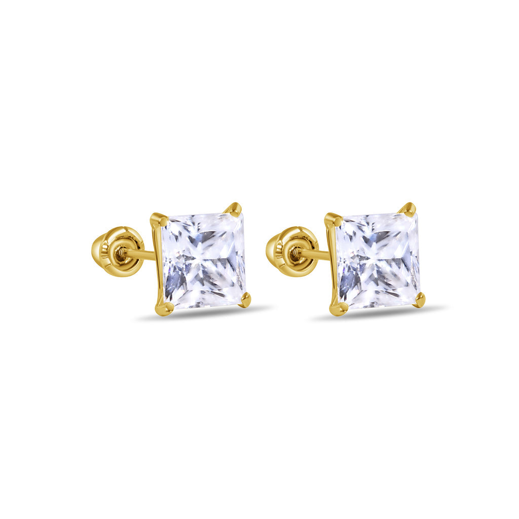 Kenzy Mii- 14 Gold Yellow Gold Square Moissanite Stud Screw Back Unisex Earring