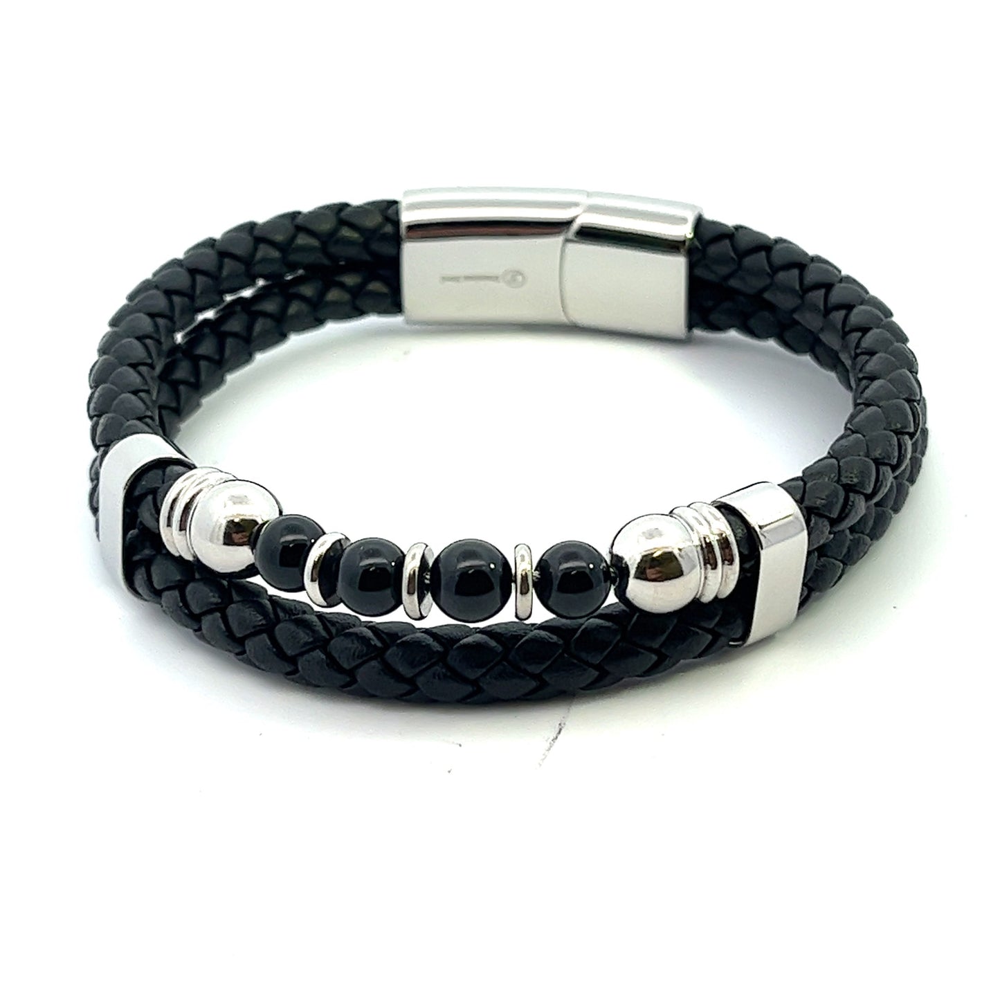 Kenzy Mii - Stainless Steel Double Layered Magnetic Frosted Stone Men's Leather Bracelet