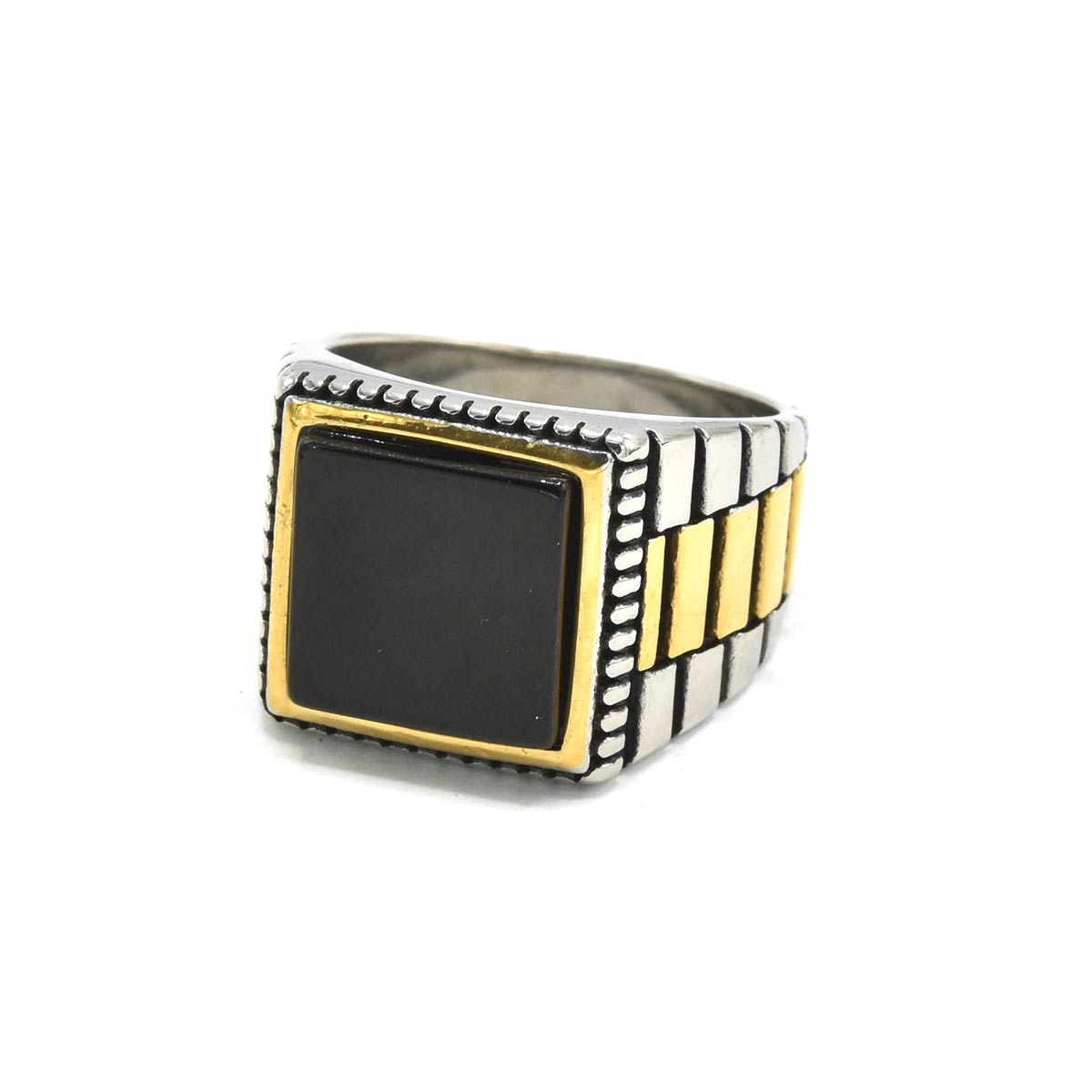 Kenzy Mii- Stainless Steel Black Onyx Stone Watch Band Style Men's Ring