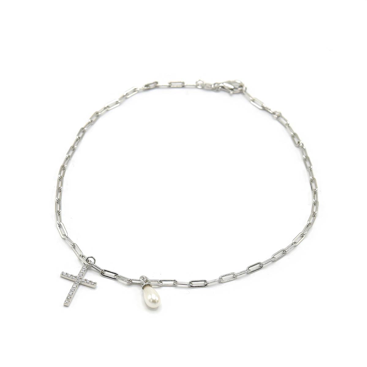 Kenzy Mii - 925 Sterling Silver Pave Cross Charm Women's Anklet