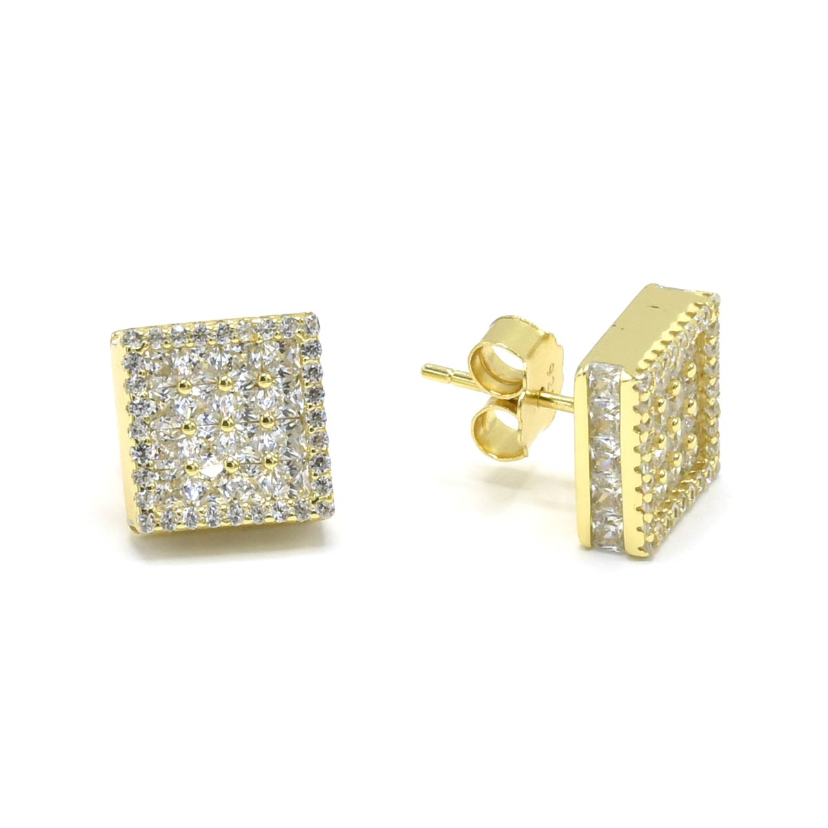 Kenzy Mii - 925 Sterling Silver Push Back Full Iced Out Cube Men's Earings