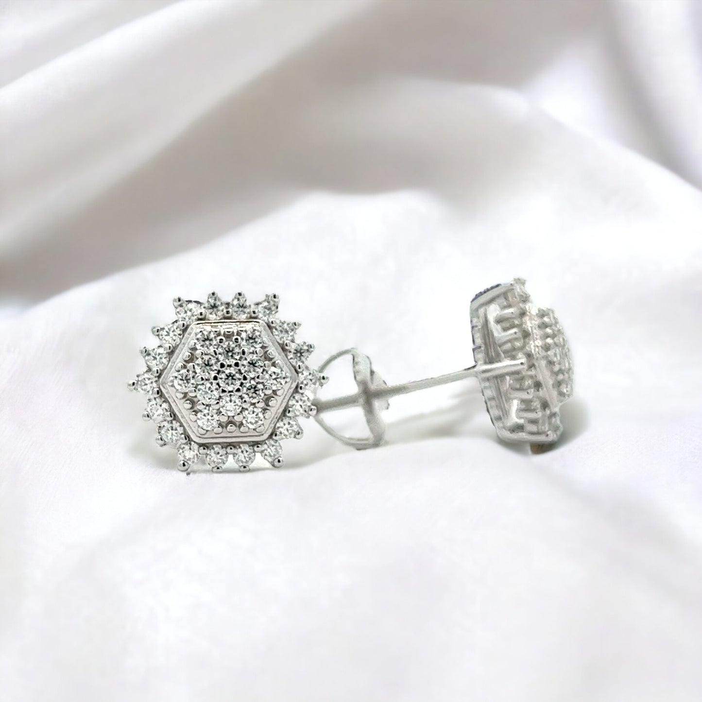 Kenzy Mii- 925 Sterling Silver Charming Micro Pave Stud Hexagonal Moissanite Unisex Earrings