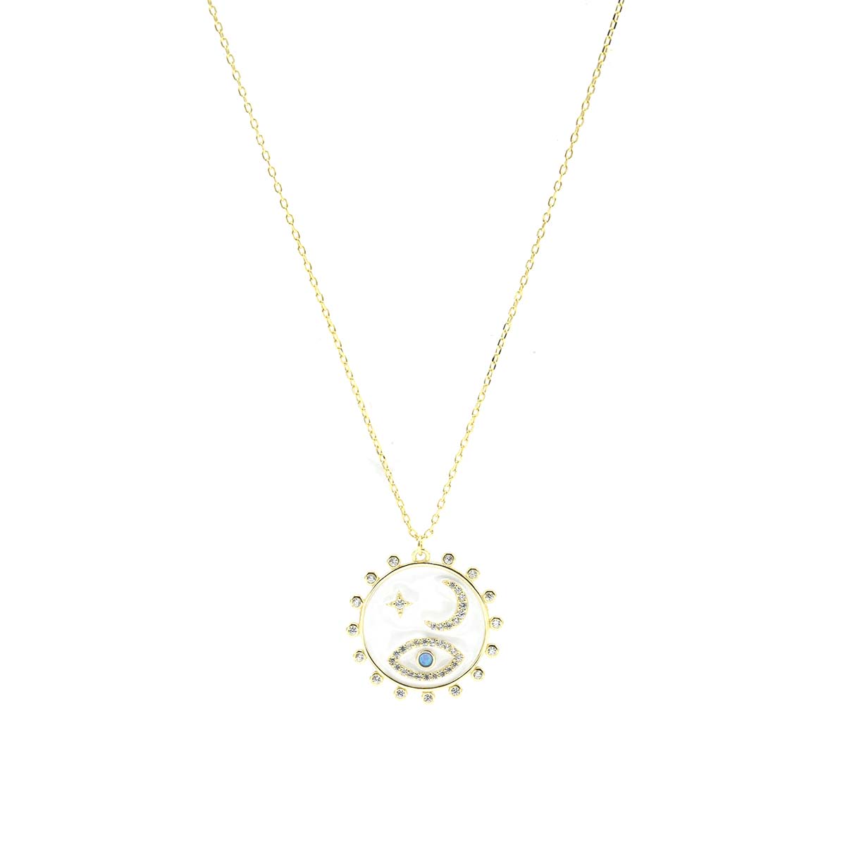 Kenzy Mii - 925 Sterling Silver White Enamel Crescent & Eye Women's Necklace