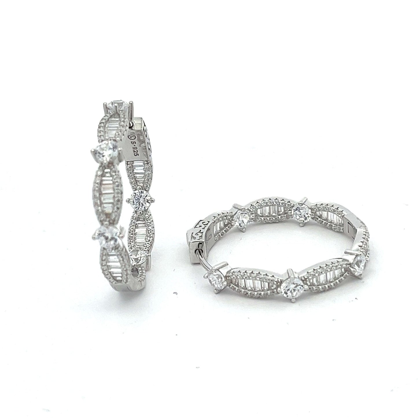 Kenzy Mii - 925 Sterling Silver Cubic Zirconia Rhinestone Rectangle Hoop Women's Earings