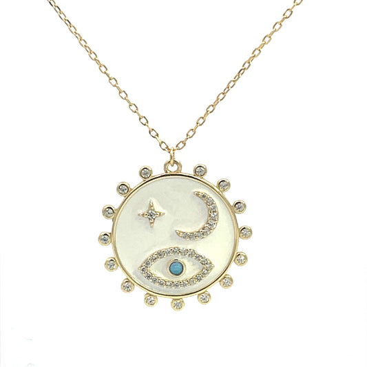 Kenzy Mii - 925 Sterling Silver White Enamel Crescent & Eye Women's Necklace