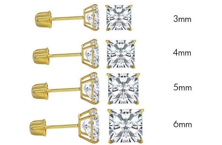 Kenzy Mii- 14 Gold Yellow Gold Square Moissanite Stud Screw Back Unisex Earring