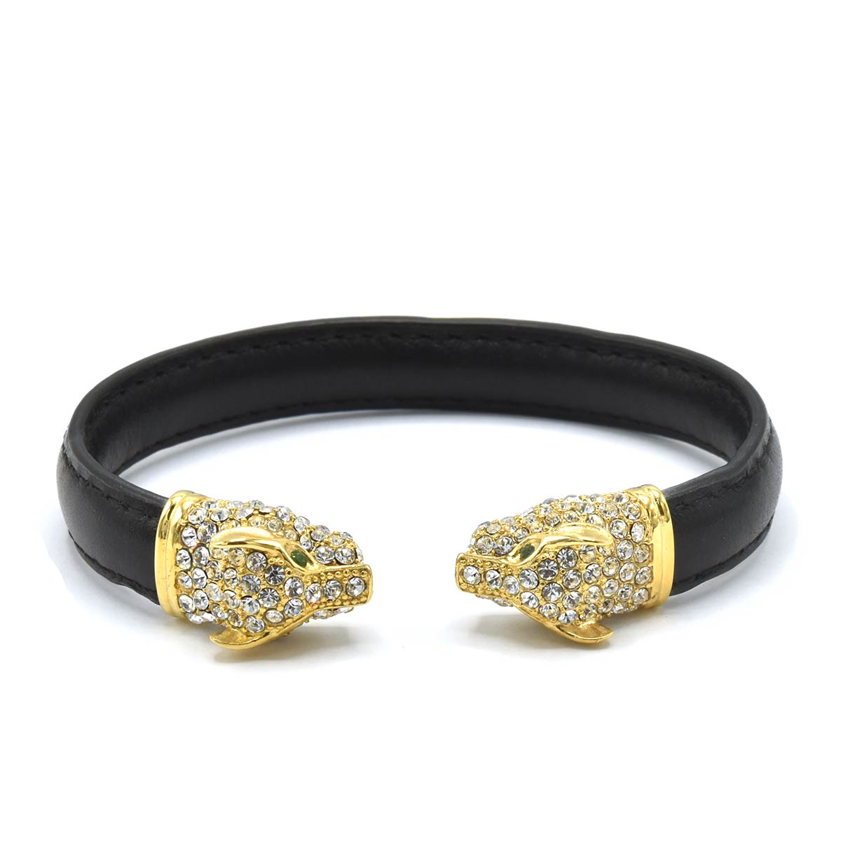 Kenzy Mii - Stainless Steel Panther Head Pave Men's Leather Bracelet