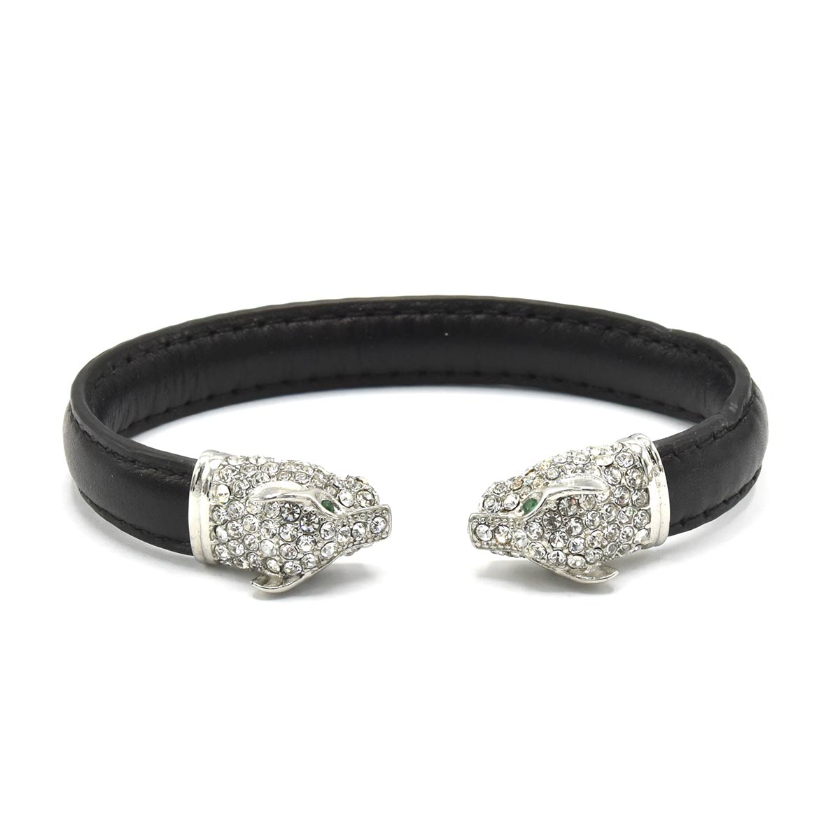 Kenzy Mii - Stainless Steel Panther Head Pave Men's Leather Bracelet
