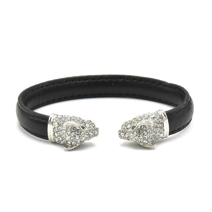 Kenzy Mii - Stainless Steel Panther Head Pave Men's Leather Bracelet
