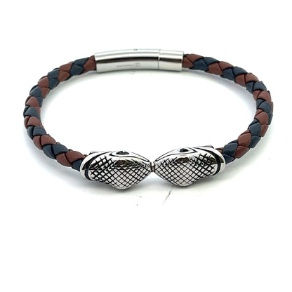 Kenzy Mii - Stainless Steel Braided Cobra Snake Head Men's Leather Bracelet