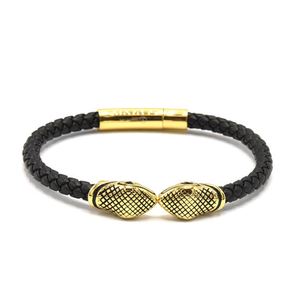 Kenzy Mii - Stainless Steel Braided Cobra Snake Head Men's Leather Bracelet