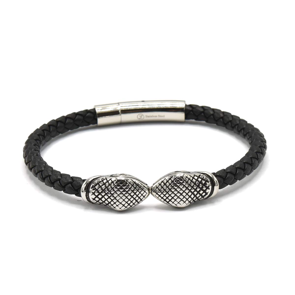 Kenzy Mii - Stainless Steel Braided Cobra Snake Head Men's Leather Bracelet