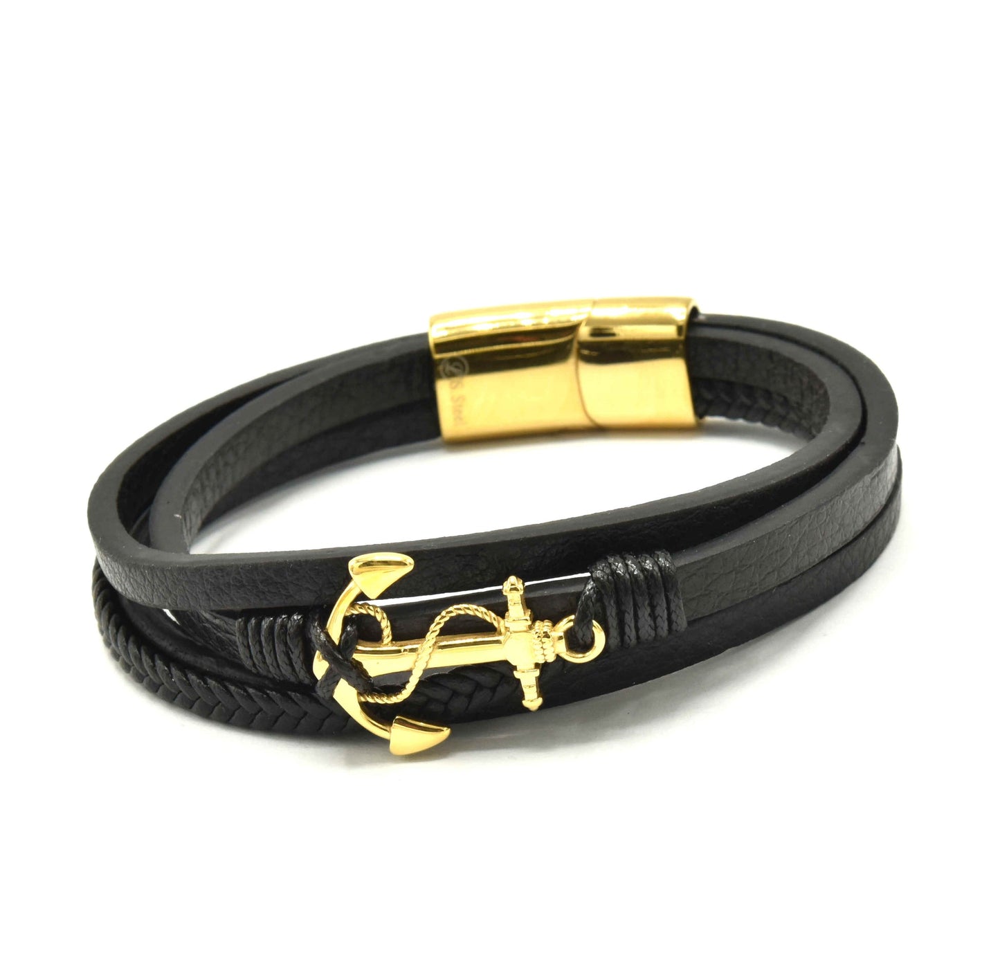 Kenzy Mii - Stainless Steel Mullti Layer Vintage Ship Anchor Men's Leather Bracelet
