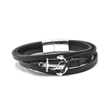 Kenzy Mii - Stainless Steel Mullti Layer Vintage Ship Anchor Men's Leather Bracelet