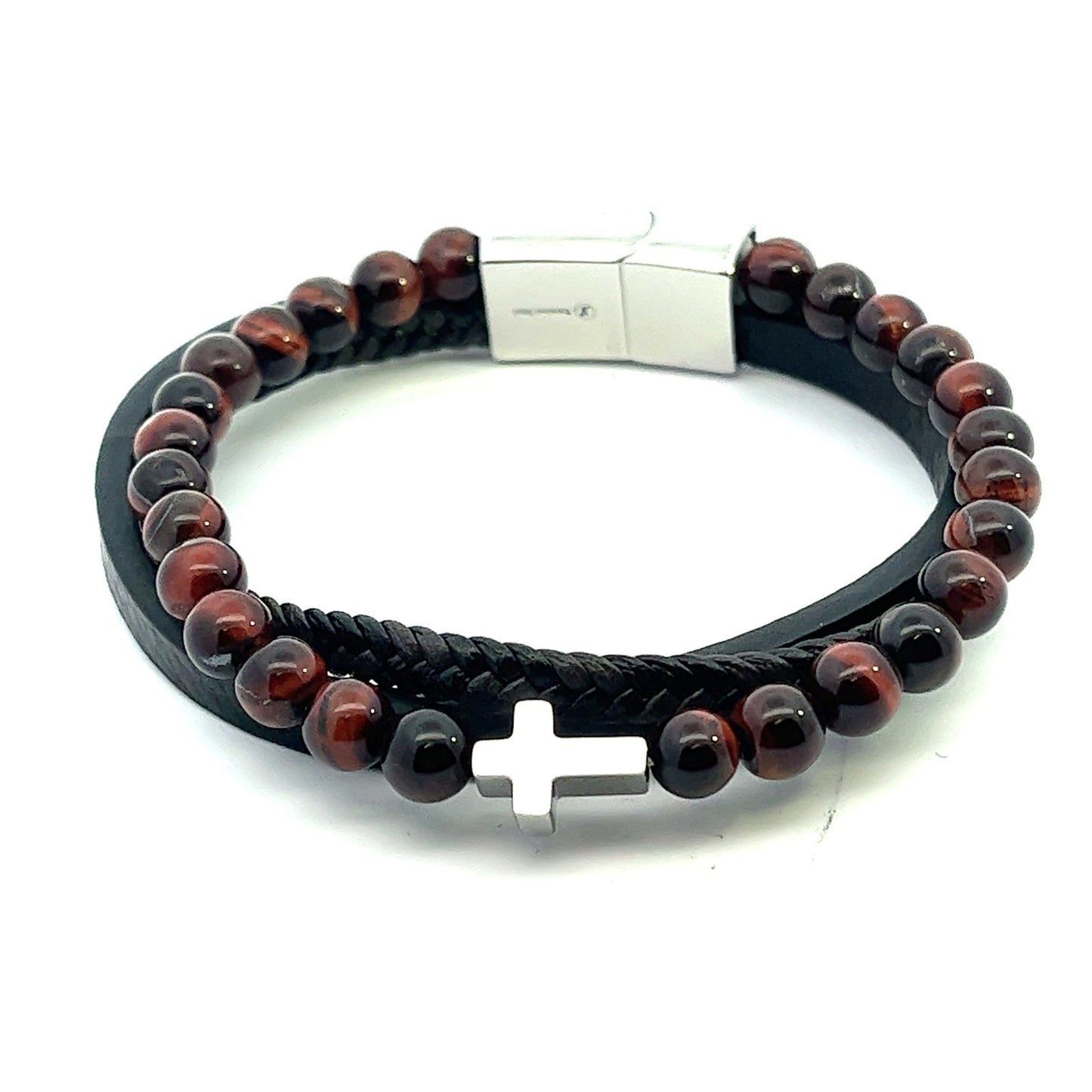 Kenzy Mii - Stainless Steel Tiger Eye with Cross Men's Leather Bracelet