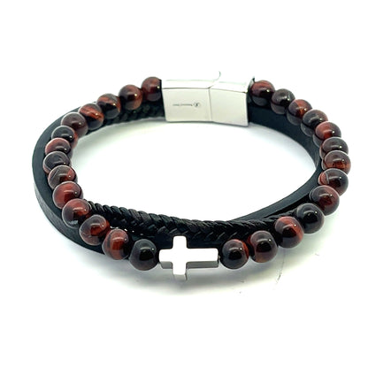 Kenzy Mii - Stainless Steel Tiger Eye with Cross Men's Leather Bracelet