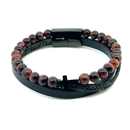 Kenzy Mii - Stainless Steel Tiger Eye with Cross Men's Leather Bracelet