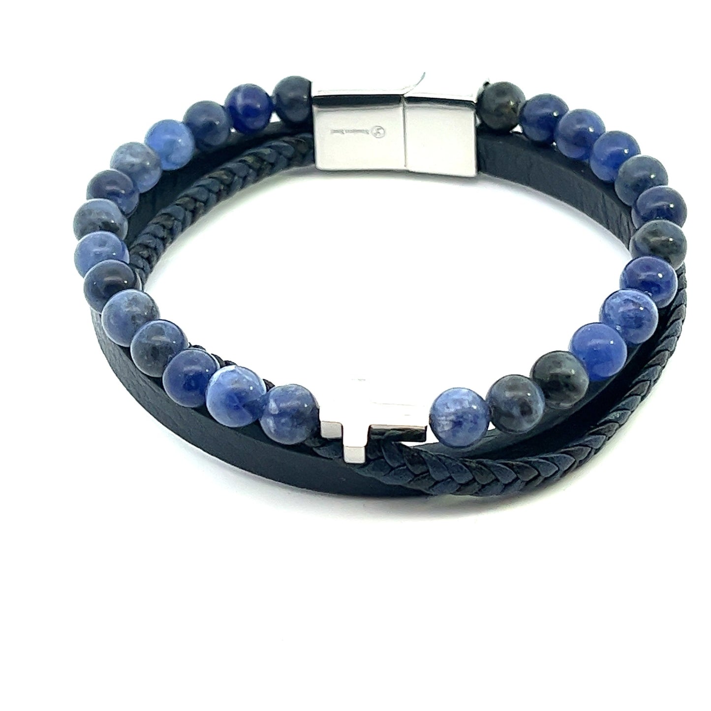 Kenzy Mii - Stainless Steel Tiger Eye with Cross Men's Leather Bracelet