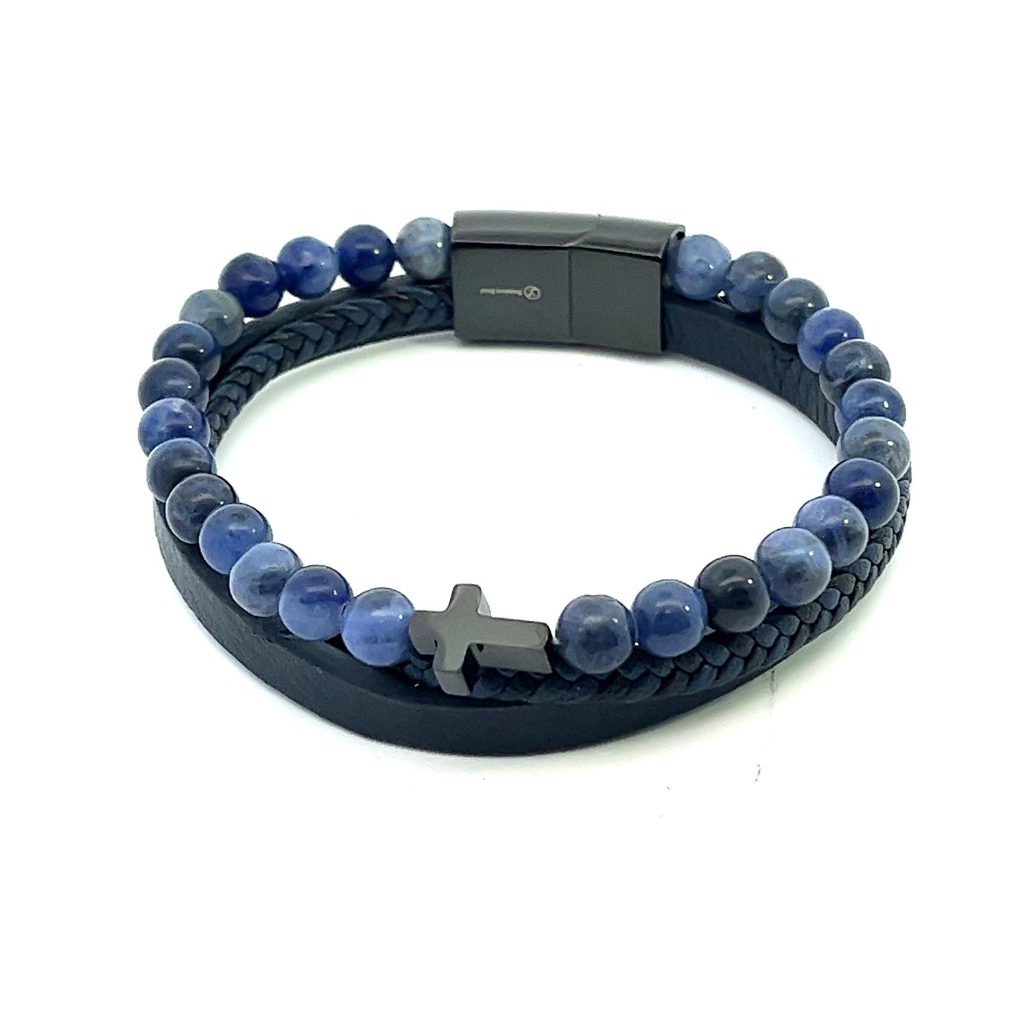 Kenzy Mii - Stainless Steel Tiger Eye with Cross Men's Leather Bracelet