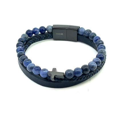 Kenzy Mii - Stainless Steel Tiger Eye with Cross Men's Leather Bracelet