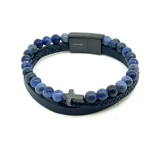Kenzy Mii - Stainless Steel Tiger Eye with Cross Men's Leather Bracelet