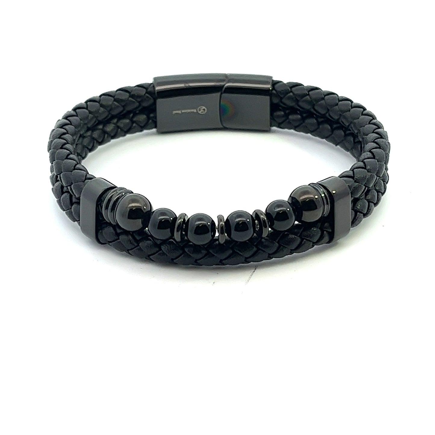 Kenzy Mii - Stainless Steel Double Layered Magnetic Frosted Stone Men's Leather Bracelet