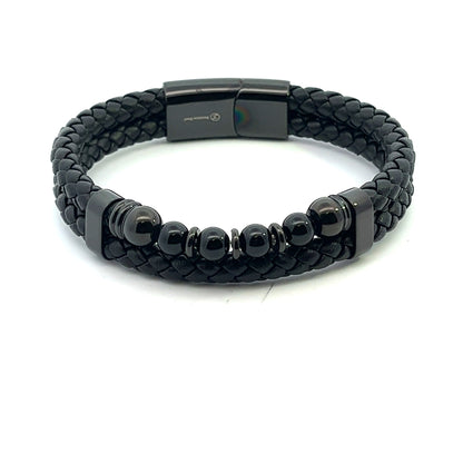Kenzy Mii - Stainless Steel Double Layered Magnetic Frosted Stone Men's Leather Bracelet