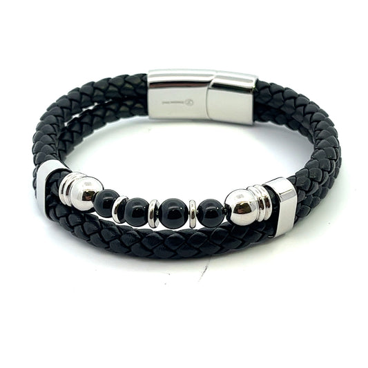 Kenzy Mii - Stainless Steel Double Layered Magnetic Frosted Stone Men's Leather Bracelet