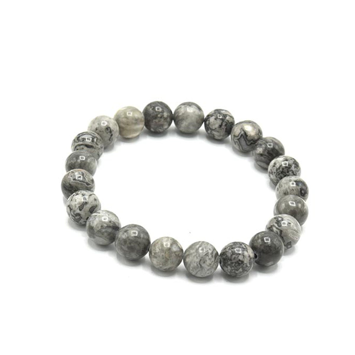 Kenzy Mii- 10mm Stainless Steel Gemstone Zebra Jasper Unisex Bead Bracelet