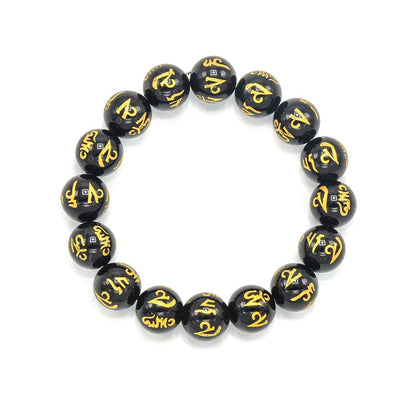 Kenzy Mii- 10mm Stainless Steel Black Gemstone Om Mani Unisex Bead Bracelet