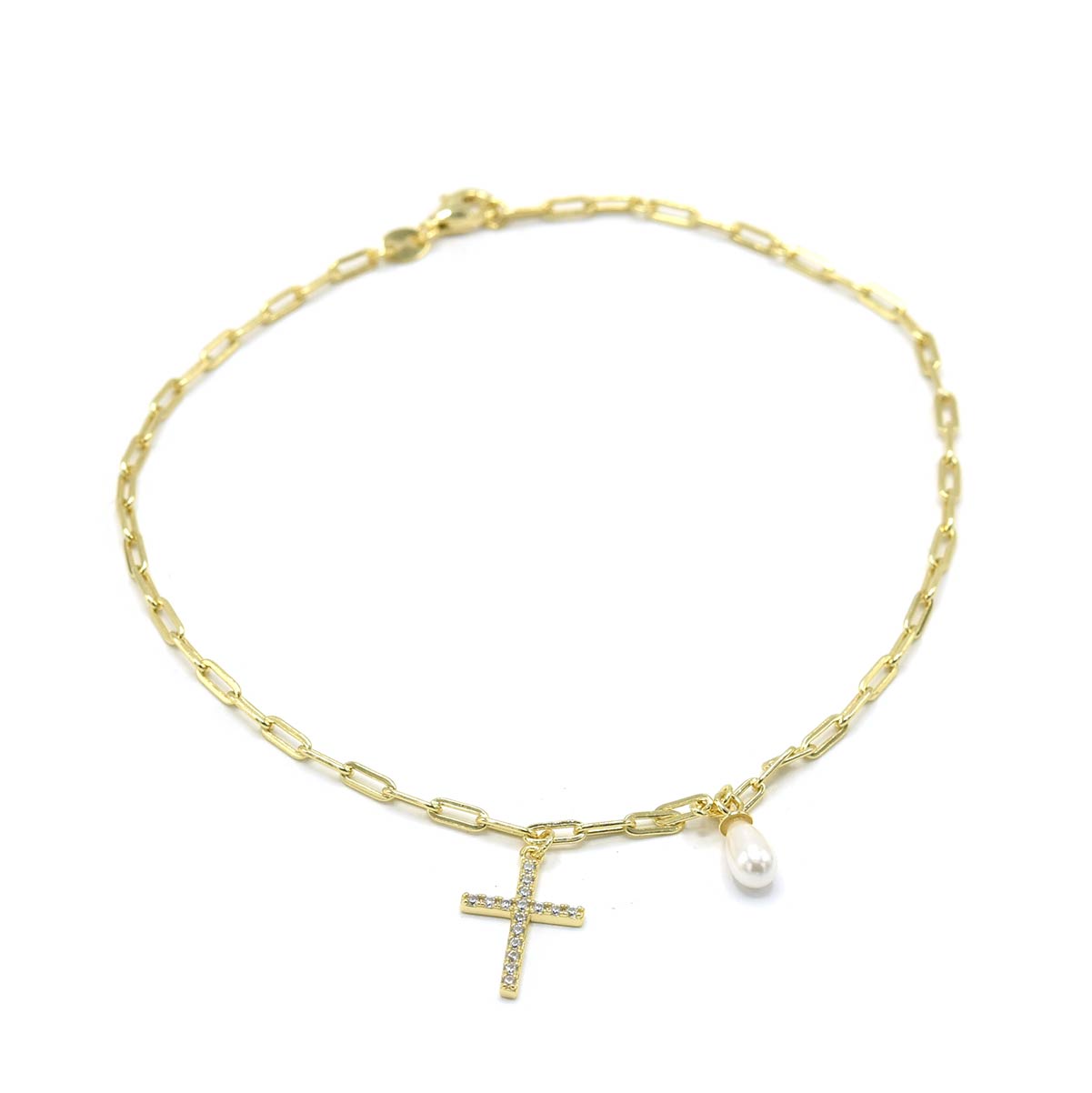 Kenzy Mii - 925 Sterling Silver Pave Cross Charm Women's Anklet