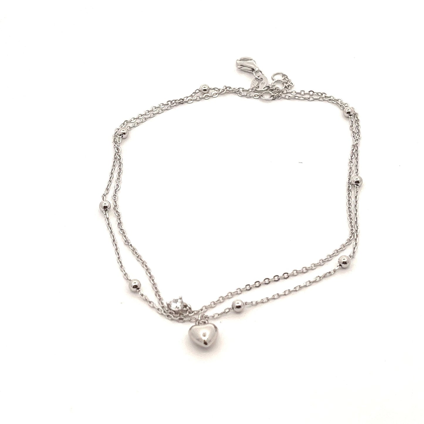 Kenzy Mii - 925 Sterling Silver Double Chain Heart Women's Anklet