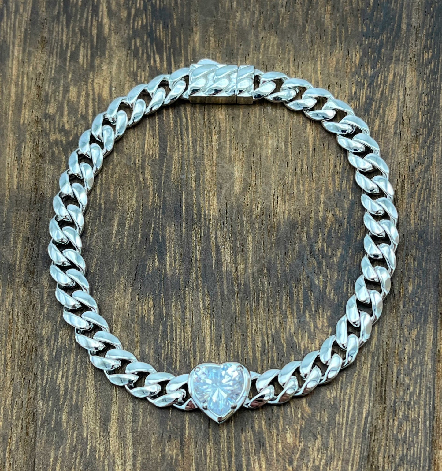 Kenzy Mii - 925 Sterling Silver Punk Cuban Love Heart Women's Bracelet