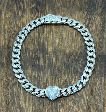 Kenzy Mii - 925 Sterling Silver Punk Cuban Love Heart Women's Bracelet