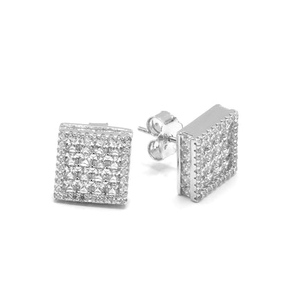 Kenzy Mii - 925 Sterling Silver Push Back Full Iced Out Cube Men's Earings