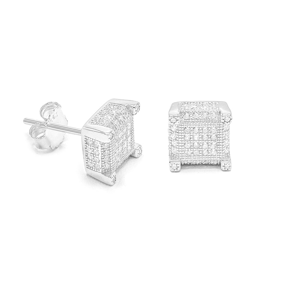 Kenzy Mii - 925 Sterling Silver Square Simulated 3D STUD Men's Earings