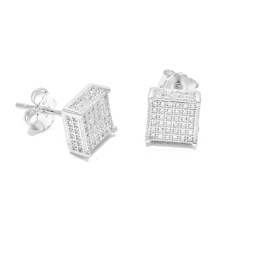 Kenzy Mii - 925 Sterling Silver Rhodium Iced Cube Men's Earings