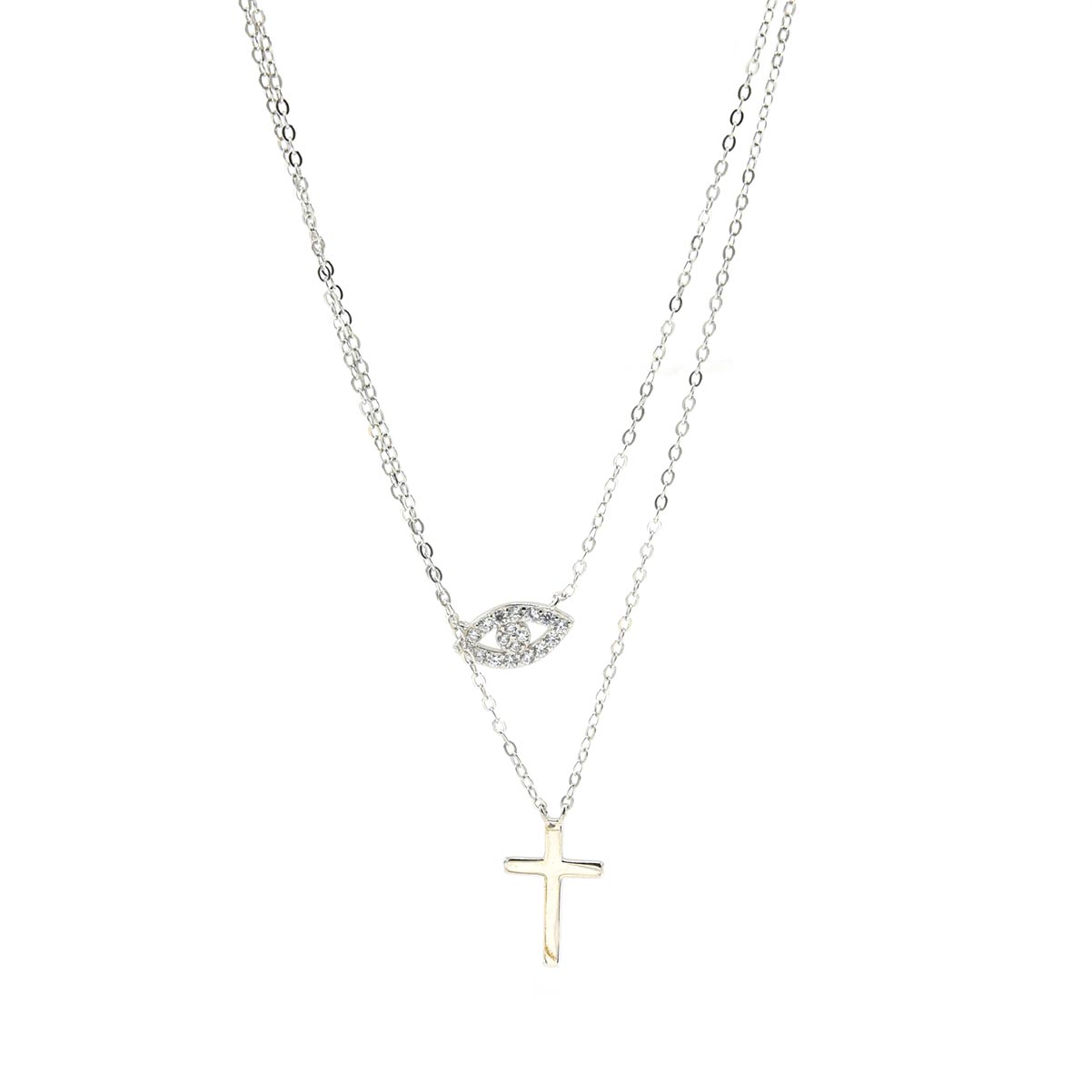 Kenzy Mii - 925 Sterling Silver Evil Eye Layered with Cross Women's Necklace