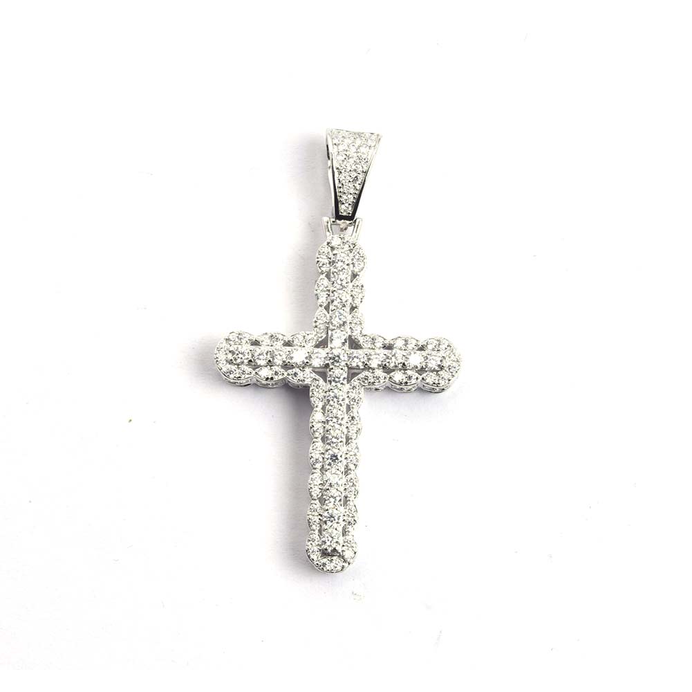 Kenzy Mii - 925 Sterling Silver 3D Cross 2 Row Men's Pendant