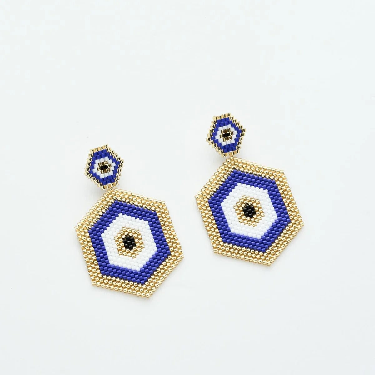 Kenzy Mii - Blue & Gold HexaEye Huggies Earrings