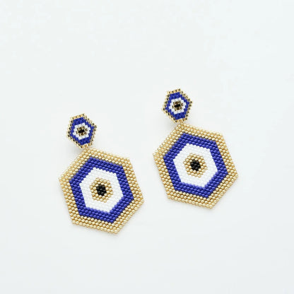 Kenzy Mii - Blue & Gold HexaEye Huggies Earrings