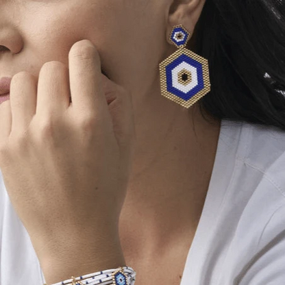 Kenzy Mii - Blue & Gold HexaEye Huggies Earrings